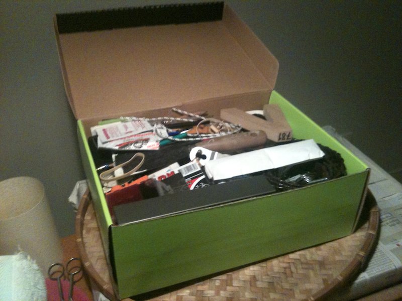 Documentation du d&eacute;m&eacute;nagement de l'objet 781 de mon apartement &agrave; Belleville &agrave; mon atelier &agrave; Saint Ouen.  Ici dans un carton avec d'autres objets avant de quitter Belleville fin mai 2011.  Le soir avant le d&eacute;m&eacute;nagement, &eacute;clairage artificiel. 